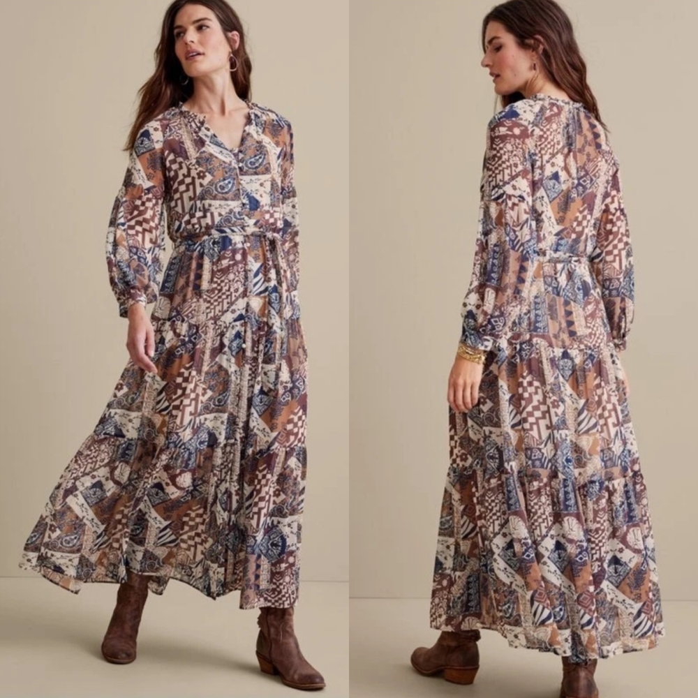 Soft Surroundings Dress Womens MP Brown Maxi Patchwork Boho Lagenlook Art Modest